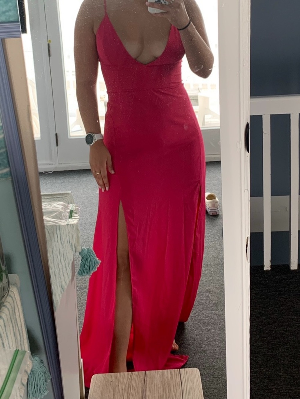 Elegant Hot Pink V-Neck Spaghetti Strap Dress